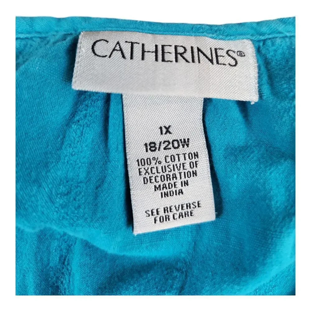 Catherine's women's sz 1X 18/20 cotton tunic blouse teal‎ 3/4 sleeve